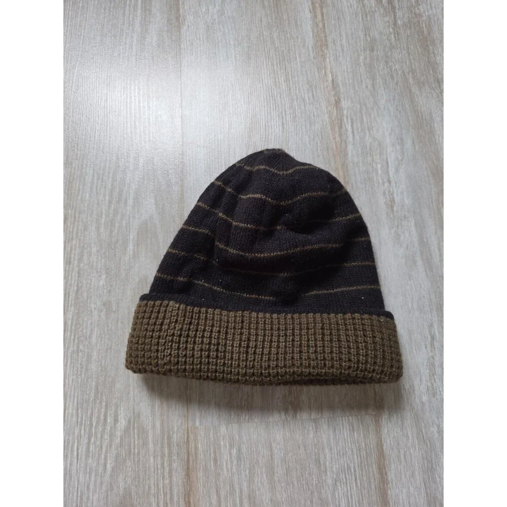 Columbia Reversible Knit Beanie Hat Brown Black Striped Waffle Winter Unisex OS